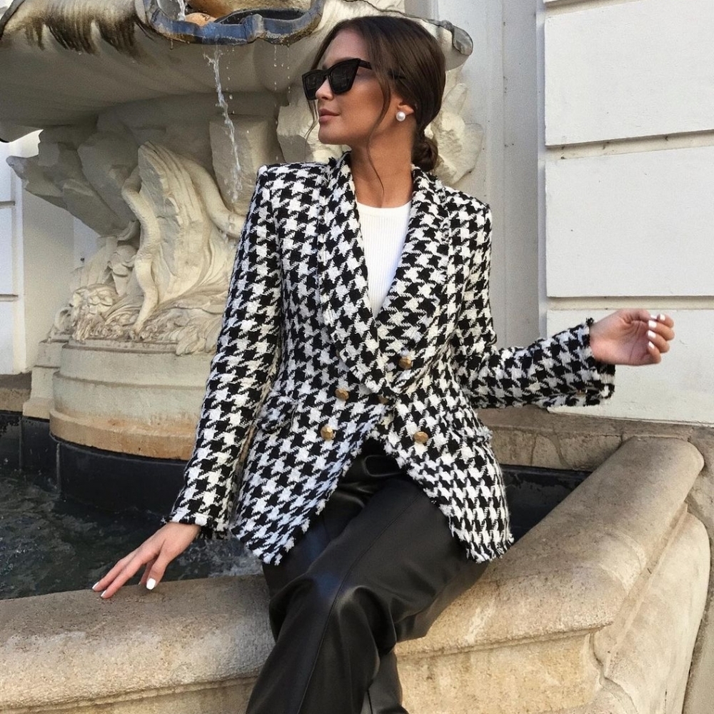 Zara houndstooth tweed blazer gold buttons